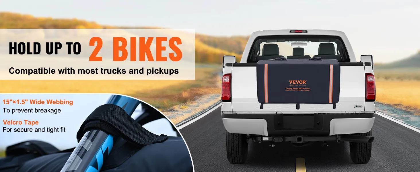 VEVOR tailgate pad holding bikes on a truck bed, suitable for most trucks and pickups.