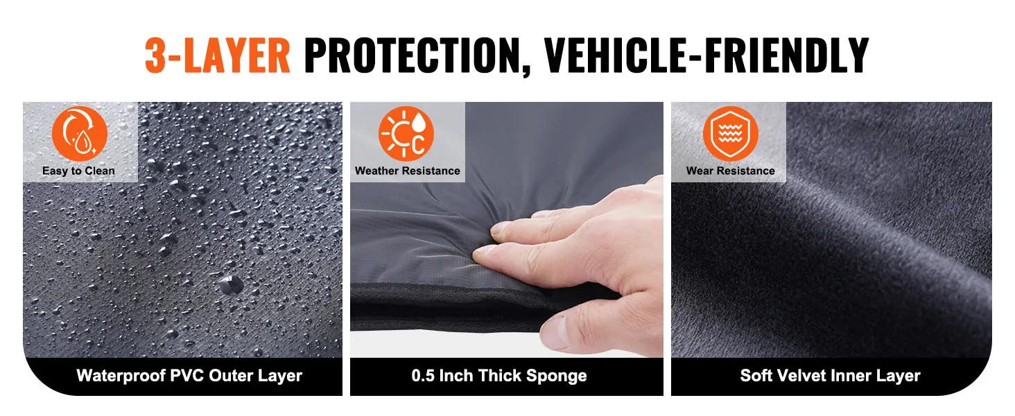 3-layer VEVOR tailgate pad showing waterproof pvc, 0.5 inch sponge, and soft velvet inner layer.
