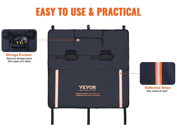 VEVOR tailgate pad with storage pockets, velcro closures, and reflective strips for night visibility.