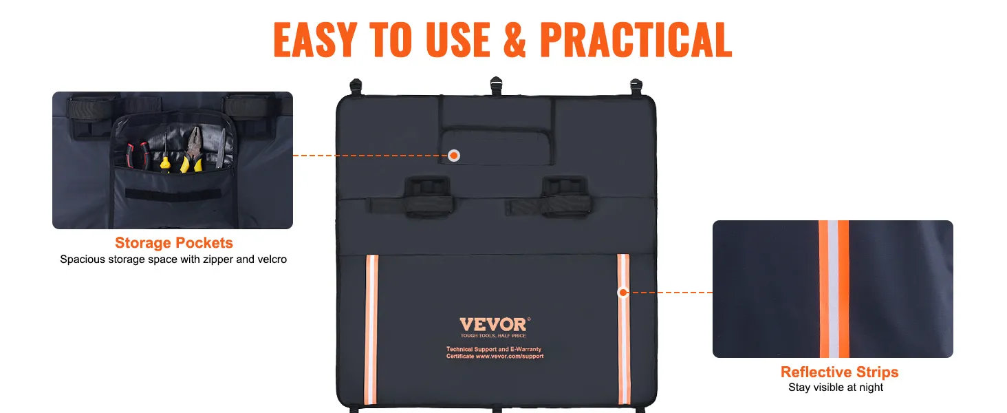 VEVOR tailgate pad with storage pockets, velcro closures, and reflective strips for night visibility.