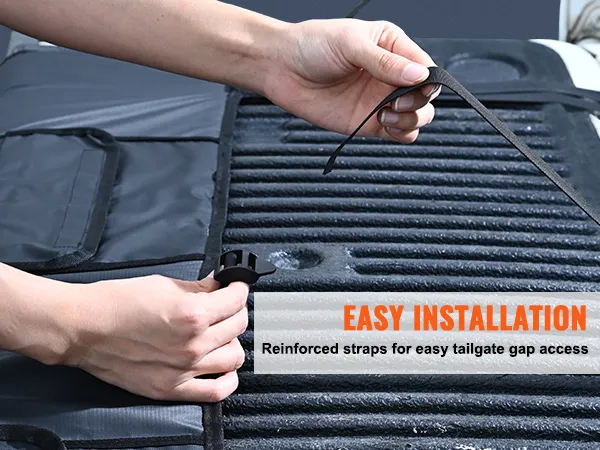 easy installation of VEVOR tailgate pad with reinforced straps for convenient tailgate gap access.