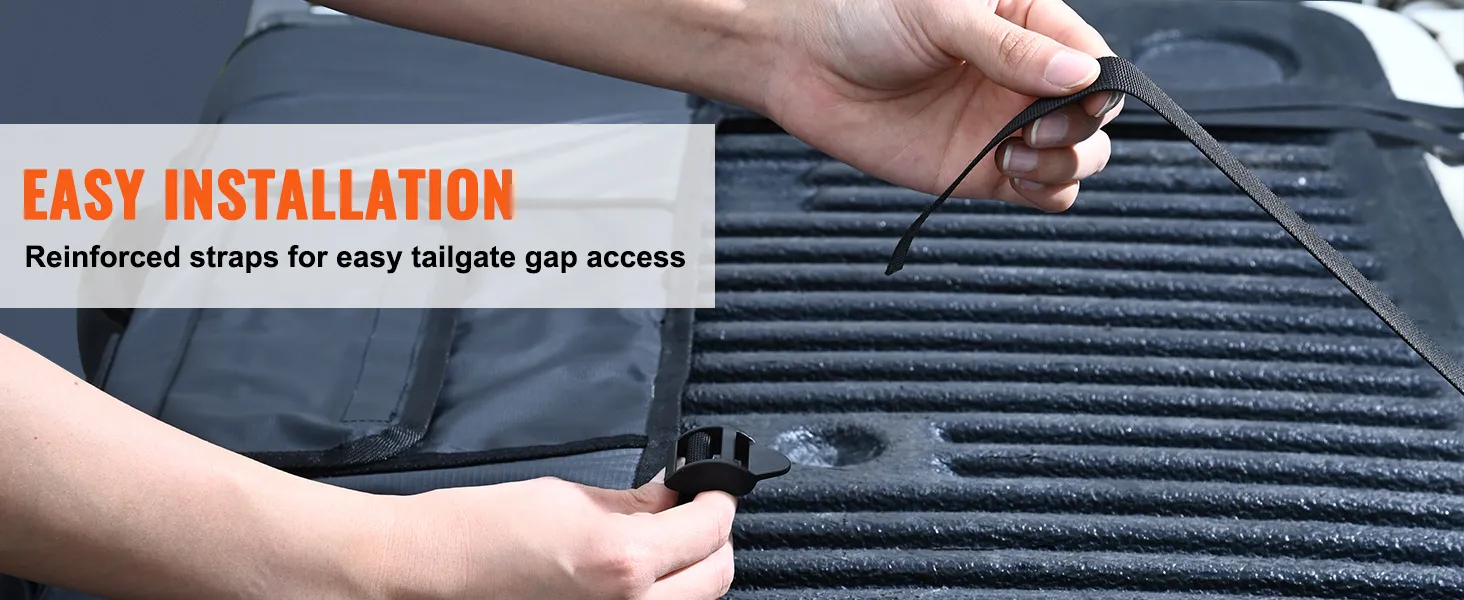 easy installation of VEVOR tailgate pad with reinforced straps for convenient tailgate gap access.