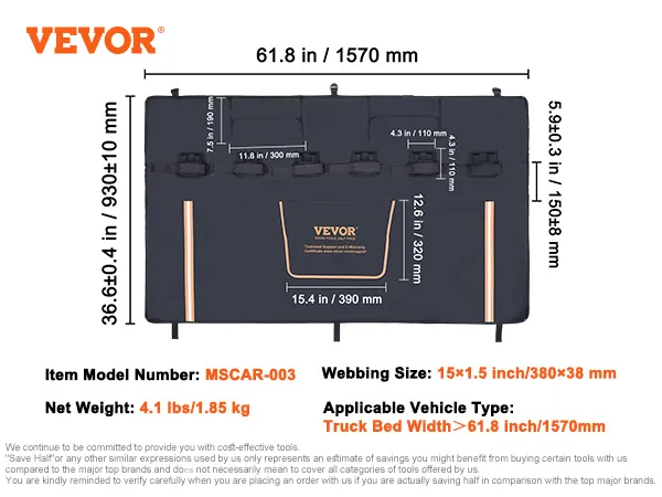 VEVOR tailgate bike pad, model mscar-003, fits truck beds over 61.8 inches, dimensions and specs shown.