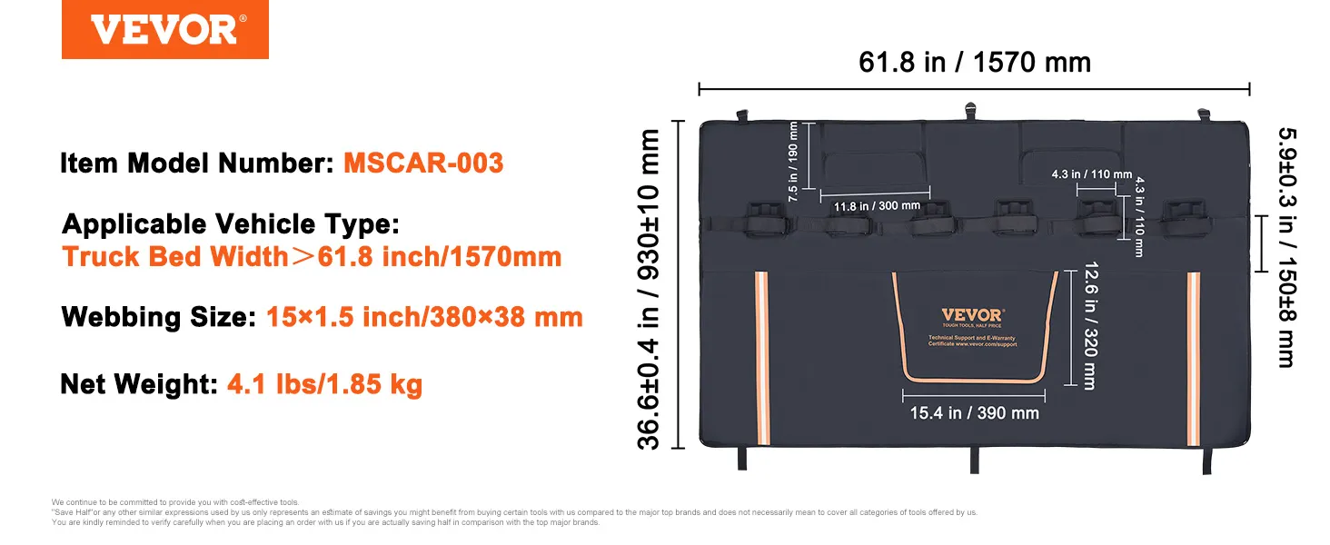 VEVOR tailgate bike pad, model mscar-003, fits truck beds over 61.8 inches, dimensions and specs shown.