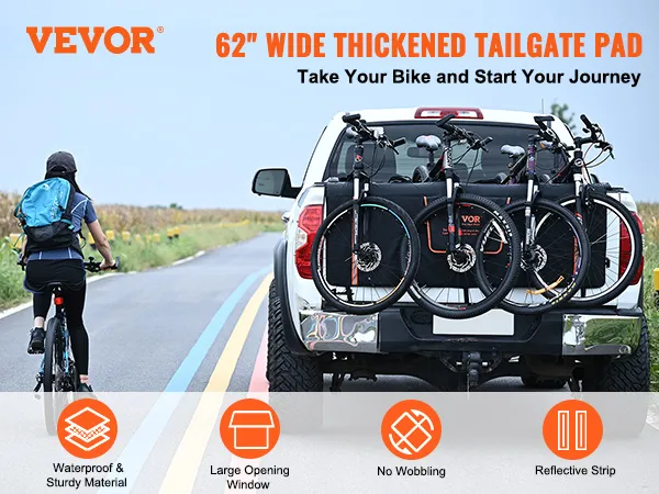 VEVOR tailgate bike pad securing bikes on a white truck, promoting a sturdy and reflective 62" wide pad.
