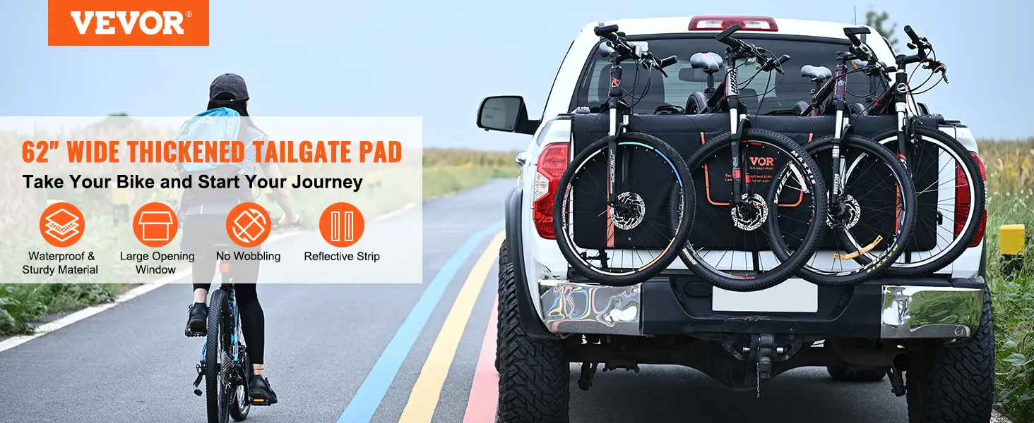 VEVOR tailgate bike pad securing bikes on a white truck, promoting a sturdy and reflective 62" wide pad.