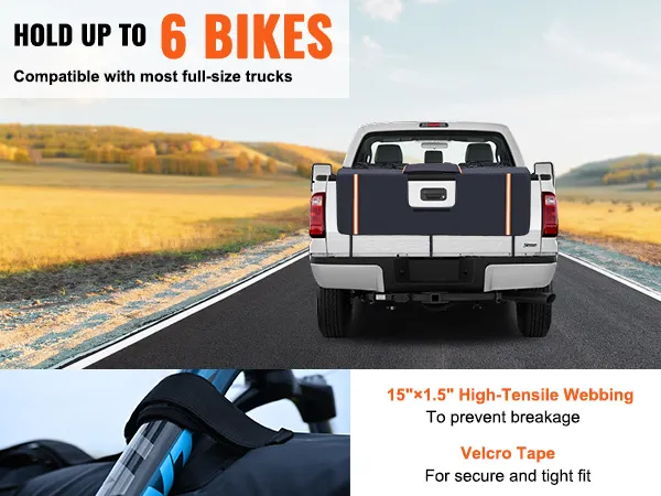 VEVOR tailgate bike pad on truck, holding up to 6 bikes, compatible with most full-size trucks.