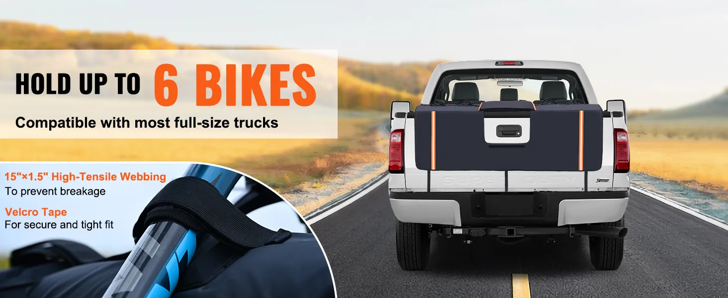 VEVOR tailgate bike pad on truck, holding up to 6 bikes, compatible with most full-size trucks.