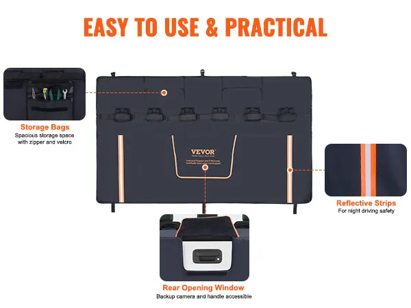 VEVOR tailgate bike pad with rear opening window, storage bags, and reflective strips, easy to use.