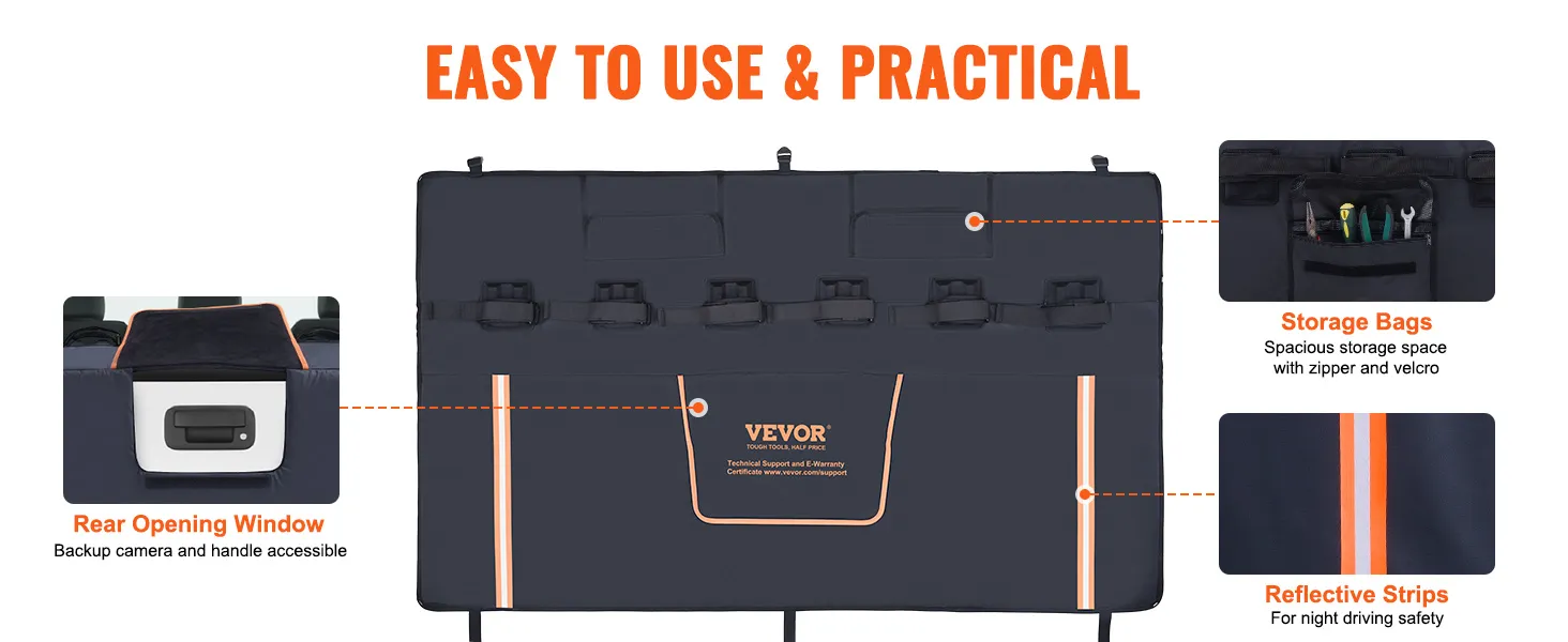 VEVOR tailgate bike pad with rear opening window, storage bags, and reflective strips, easy to use.