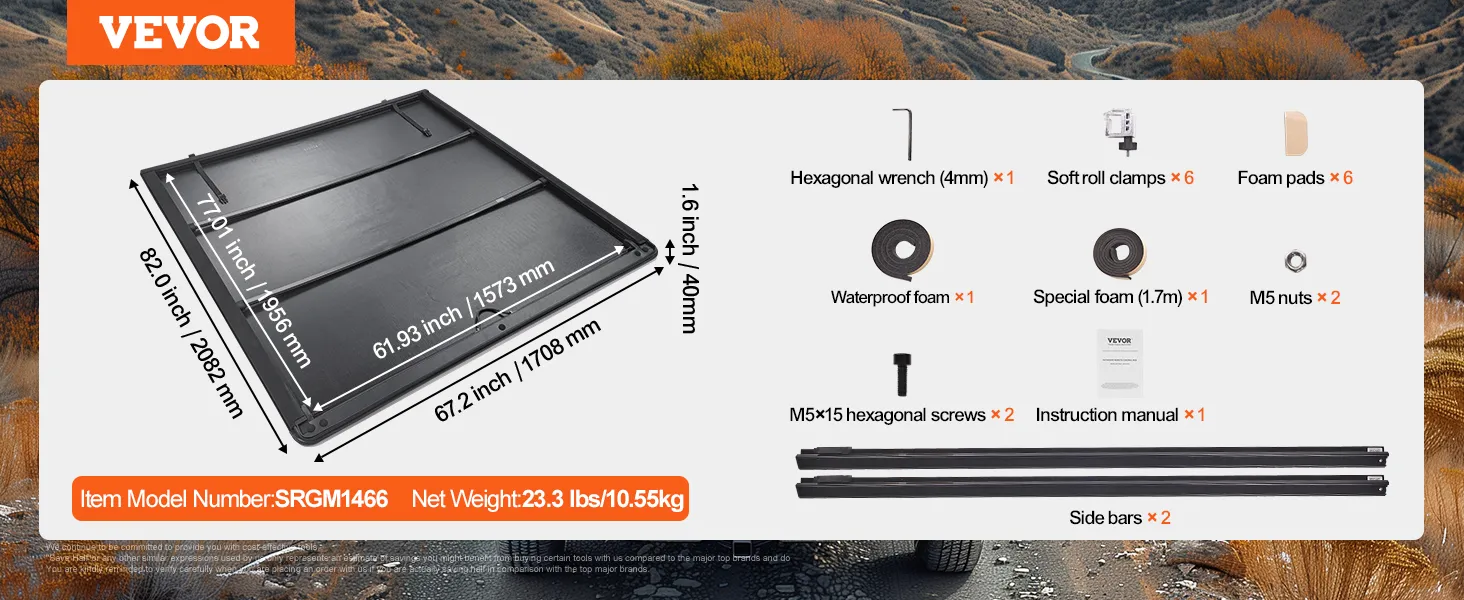 VEVOR truck bed cover with measurements and accessories including hexagonal wrench, clamps, and foam pads.