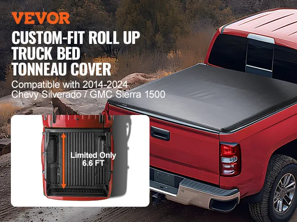 VEVOR truck bed cover on red truck, compatible with 2014-2024 chevy silverado and gmc sierra 1500.