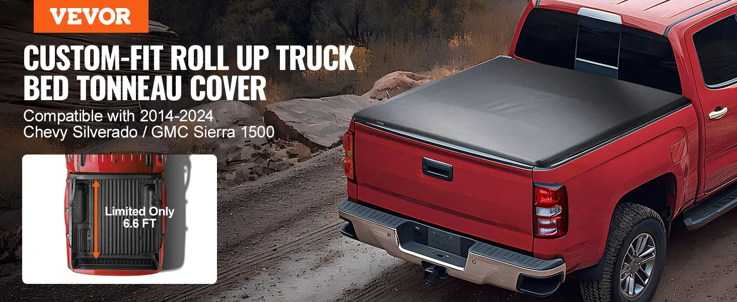 VEVOR truck bed cover on red truck, compatible with 2014-2024 chevy silverado and gmc sierra 1500.