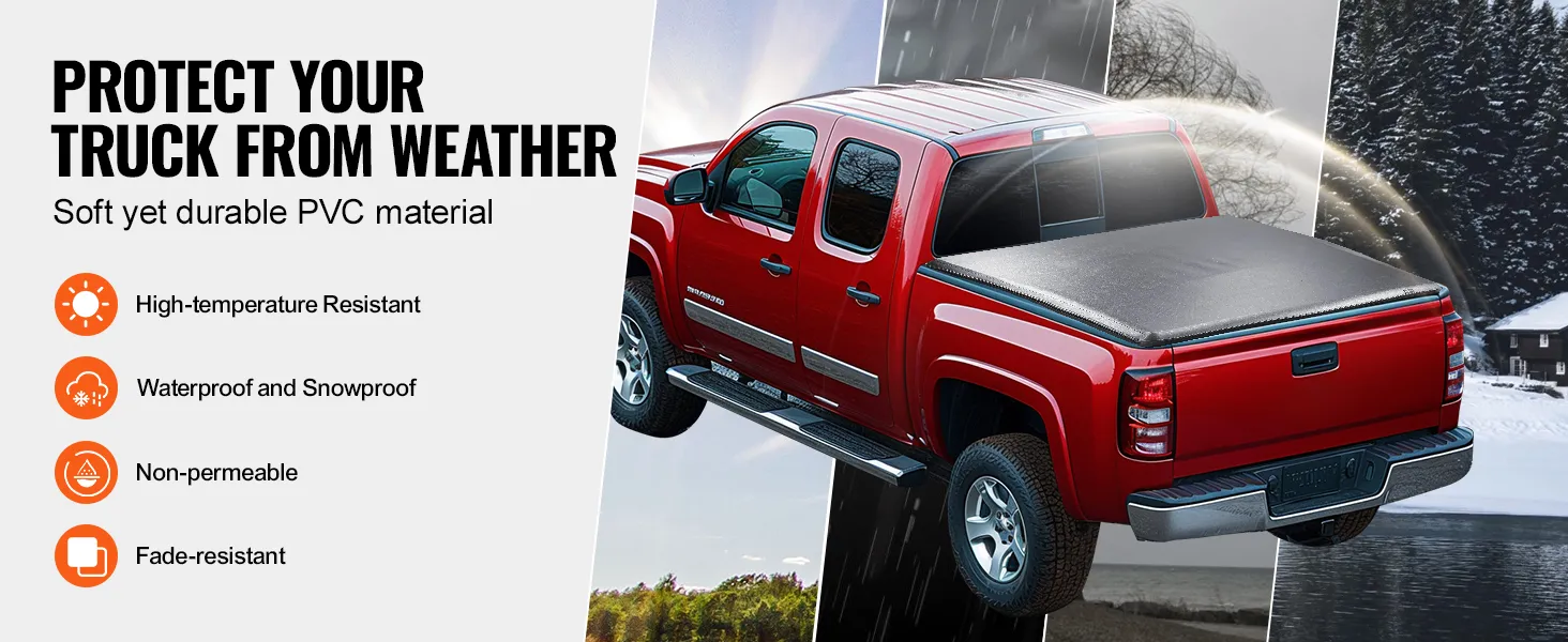VEVOR truck bed cover on red truck protecting against various weather conditions, highlighting durability.