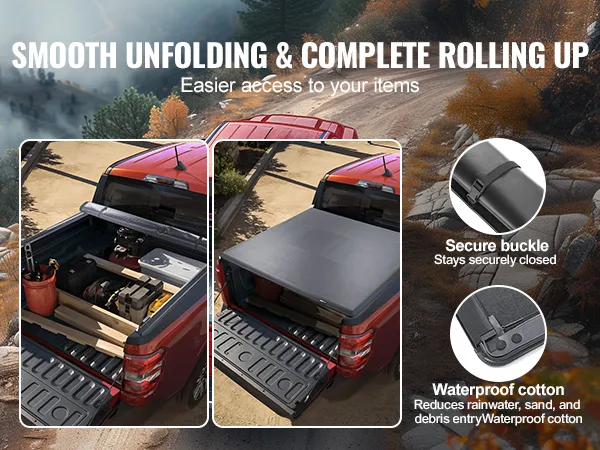 VEVOR truck bed cover on a red truck, showcasing smooth unfolding, waterproof cotton, and secure buckle.
