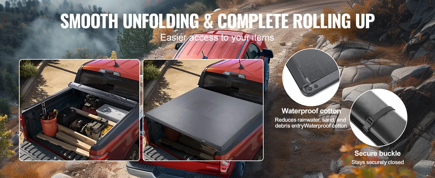 VEVOR truck bed cover on a red truck, showcasing smooth unfolding, waterproof cotton, and secure buckle.