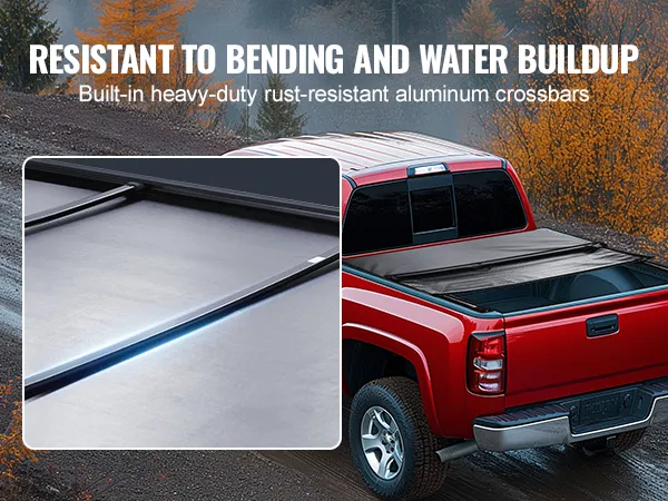 red truck with VEVOR truck bed cover featuring rust-resistant aluminum crossbars for durability.