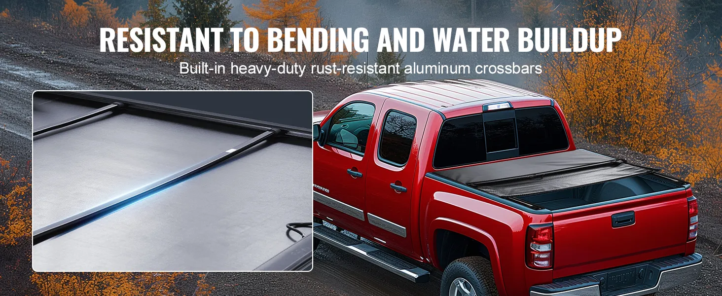 red truck with VEVOR truck bed cover featuring rust-resistant aluminum crossbars for durability.