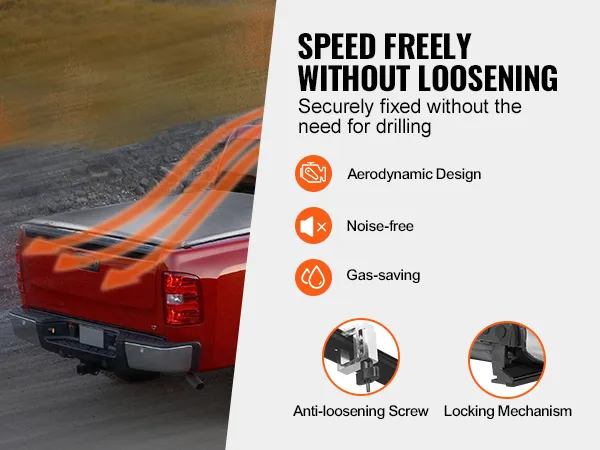 red truck with VEVOR truck bed cover, showcasing aerodynamic design, gas-saving, and anti-loosening features.