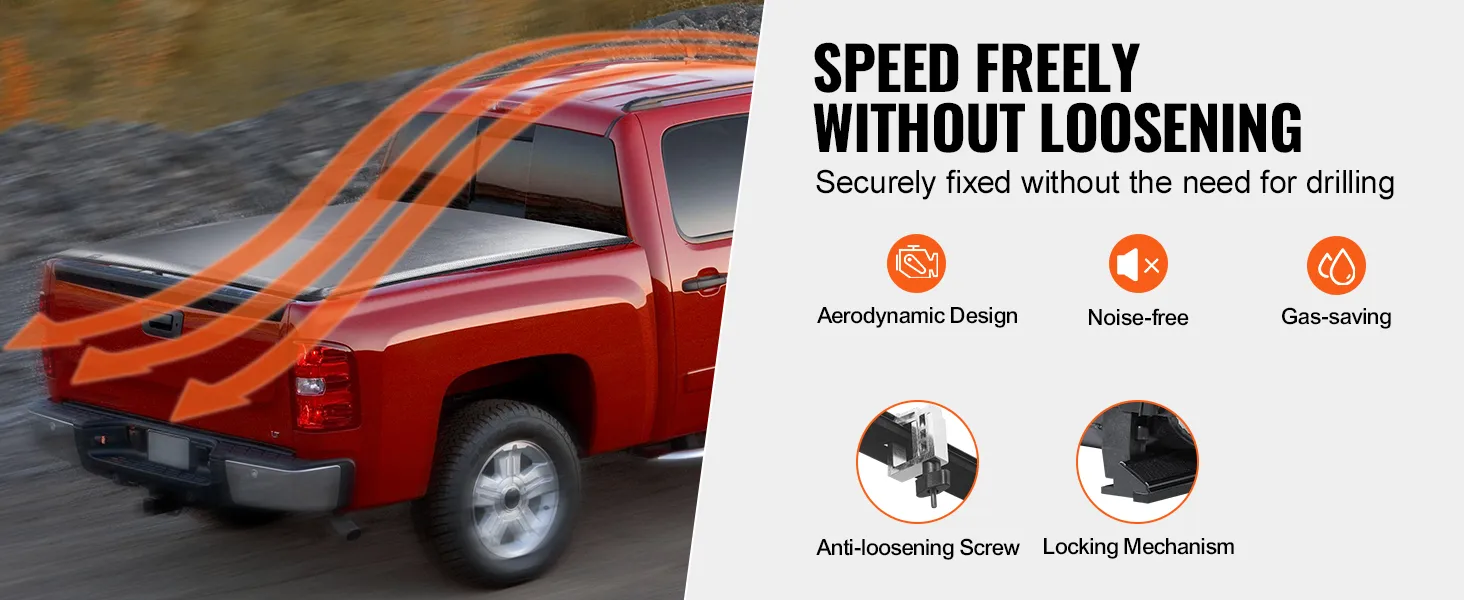 red truck with VEVOR truck bed cover, showcasing aerodynamic design, gas-saving, and anti-loosening features.