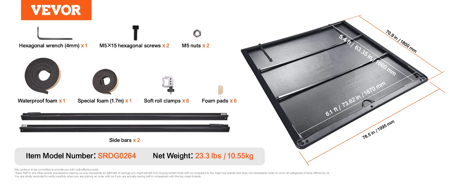 VEVOR truck bed cover parts and dimensions: wrench, screws, nuts, foams, clamps, pads, and side bars.