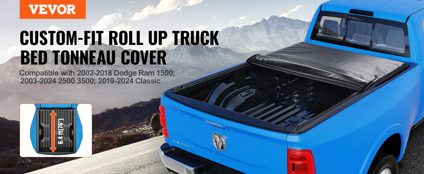 VEVOR custom-fit roll up truck bed tonneau cover on blue dodge ram in a mountainous backdrop.