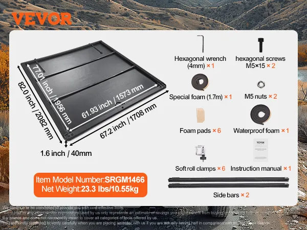 VEVOR truck bed cover with dimensions, included tools, and item components listed. item model srgm1958.
