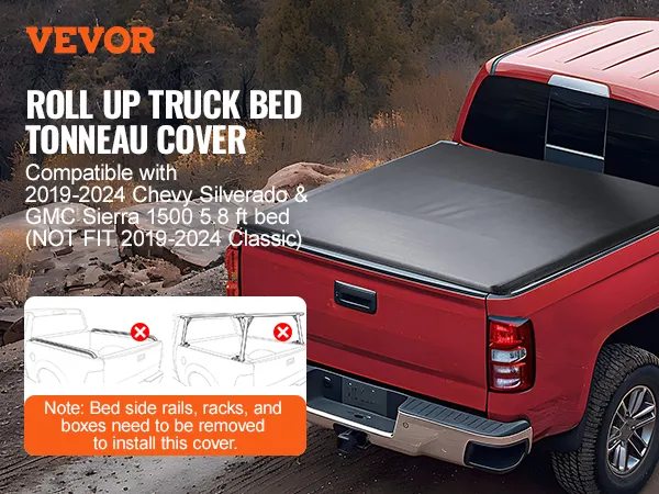 VEVOR truck bed cover for chevy silverado and gmc sierra 2019-2024, custom-fit roll-up tonneau cover.