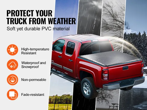 VEVOR truck bed cover protecting red truck; highlights: high-temperature resistant, waterproof, fade-resistant.