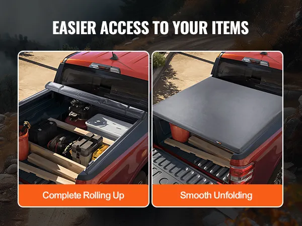 red truck with VEVOR truck bed cover showcasing smooth unfolding, waterproof cotton, and secure buckle.