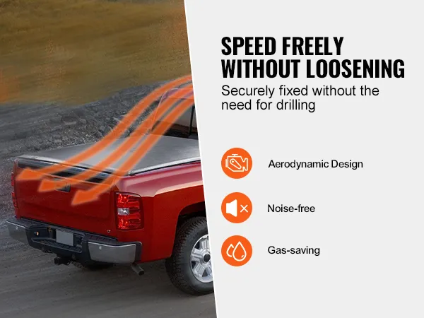 red truck with VEVOR truck bed cover, highlighting its aerodynamic design, noise-free, and gas-saving features.
