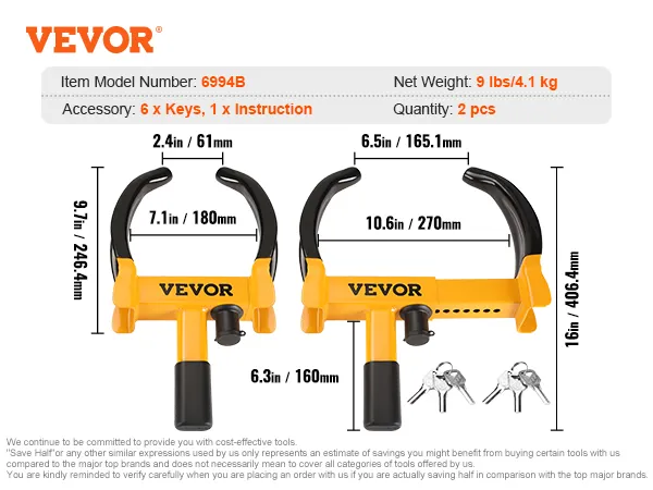 VEVOR wheel lock dimensions and specifications, model 6994b, includes 6 keys and instructions. quantity: 2 pcs.