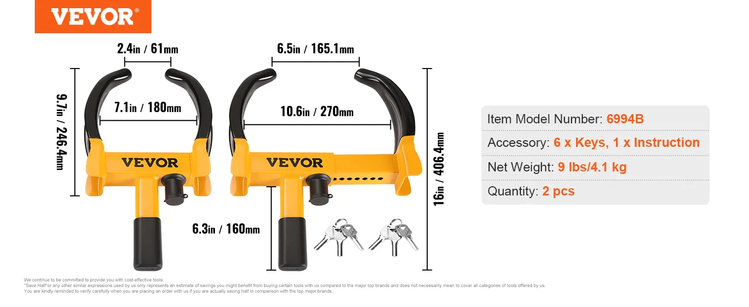 VEVOR wheel lock dimensions and specifications, model 6994b, includes 6 keys and instructions. quantity: 2 pcs.