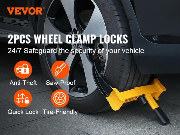 VEVOR wheel lock securing a car tire with text "2pcs wheel clamp locks" highlighting anti-theft features.