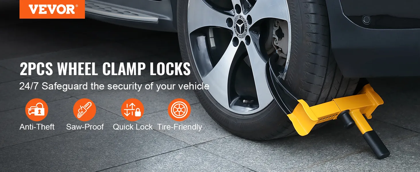 VEVOR wheel lock securing a car tire with text "2pcs wheel clamp locks" highlighting anti-theft features.