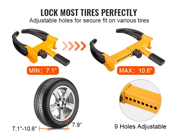 VEVOR wheel lock with adjustable holes fits tire widths of 7.1" to 10.6" for secure tire locking.