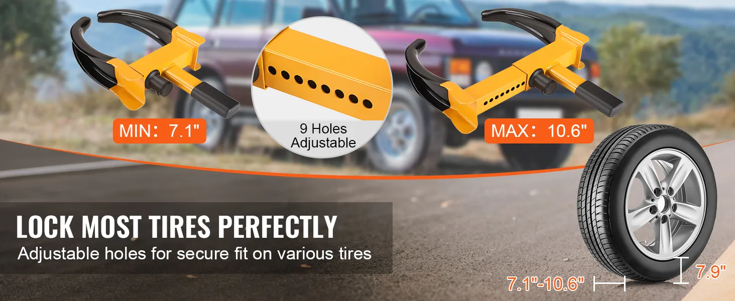 VEVOR wheel lock with adjustable holes fits tire widths of 7.1" to 10.6" for secure tire locking.