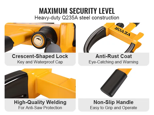 VEVOR wheel lock with crescent-shaped lock, anti-rust coat, high-quality welding, and non-slip handle.