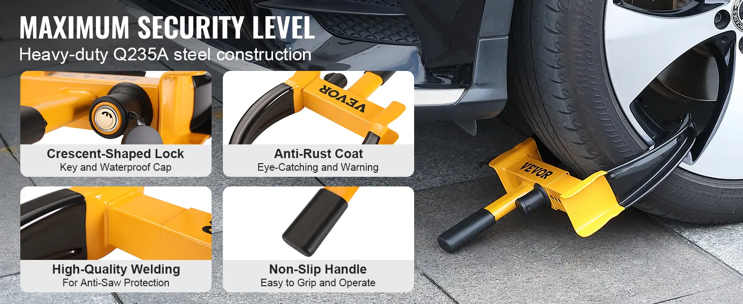 VEVOR wheel lock with crescent-shaped lock, anti-rust coat, high-quality welding, and non-slip handle.