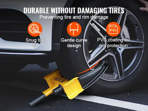 VEVOR wheel lock on car tire preventing damage with snug fit, gentle curve design, and pvc coating.