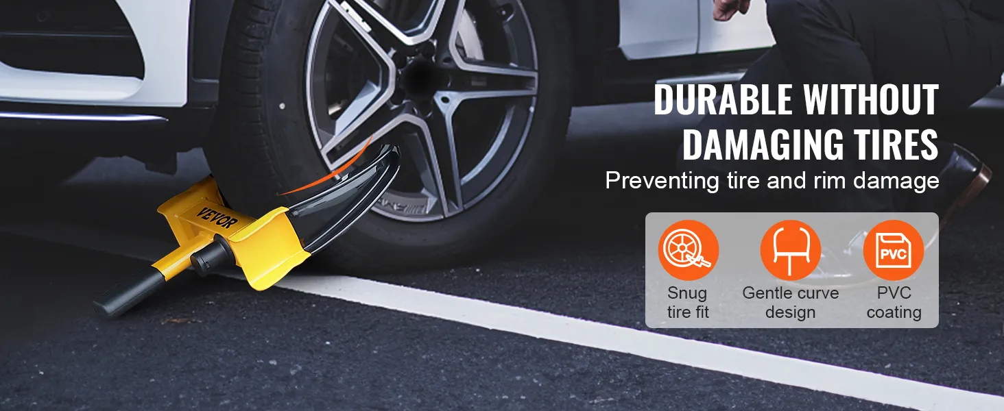 VEVOR wheel lock on car tire preventing damage with snug fit, gentle curve design, and pvc coating.