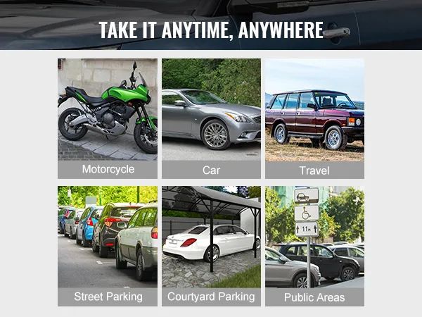 blue suv secured with VEVOR wheel lock next to images of a motorcycle, car, and various parking areas.
