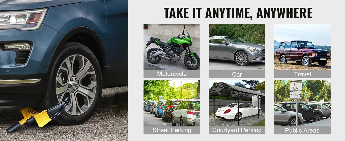 blue suv secured with VEVOR wheel lock next to images of a motorcycle, car, and various parking areas.