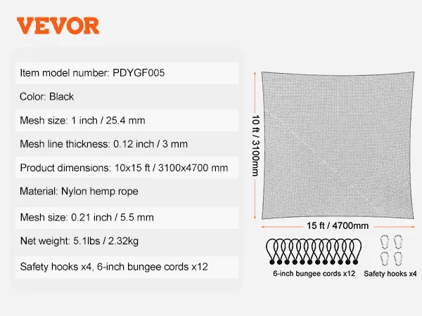 Specificaties van het VEVOR golf oefennet: maaswijdte 1 inch, afmetingen 10x15 ft, nylon touw, met elastieken.