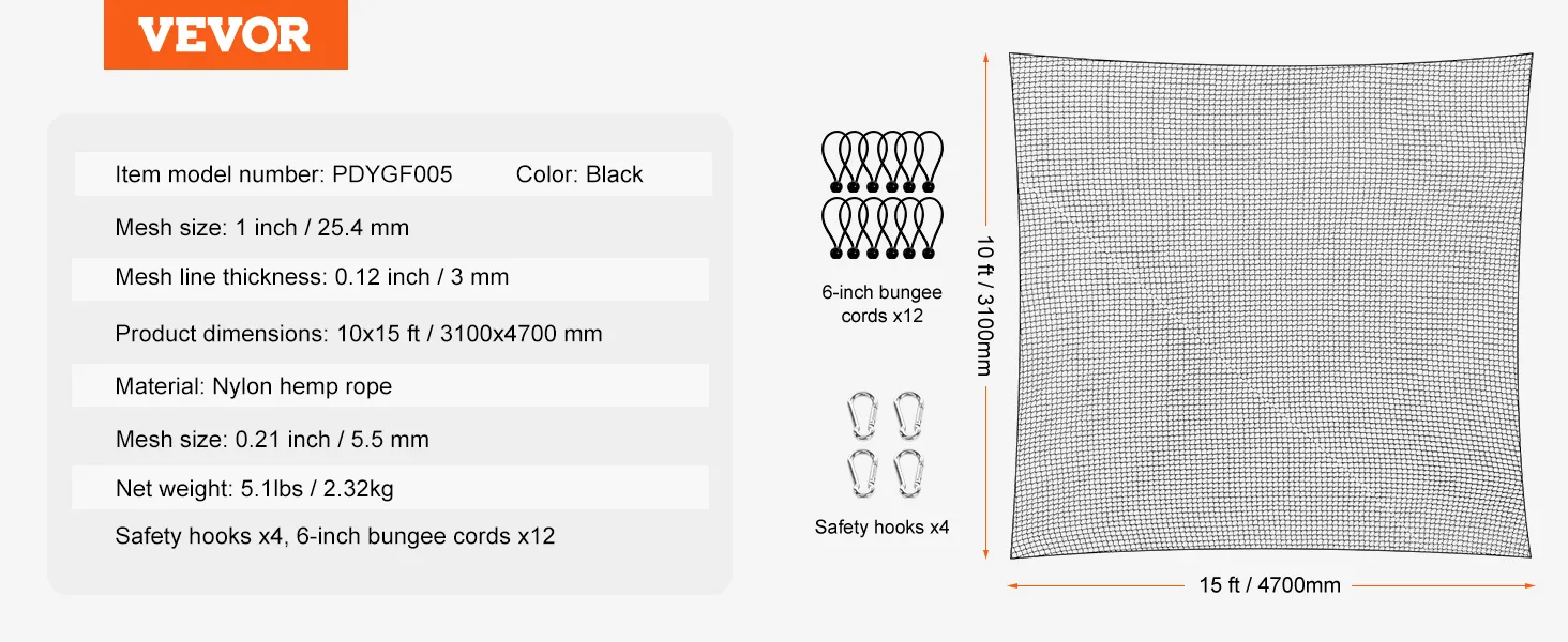 Specificaties van het VEVOR golf oefennet: maaswijdte 1 inch, afmetingen 10x15 ft, nylon touw, met elastieken.