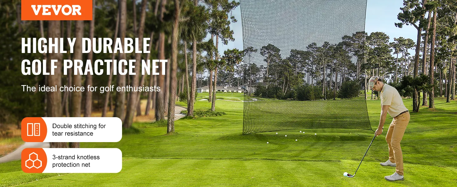 VEVOR golf oefennet op een weelderige golfbaan met dubbele stiksels en 3-strengs knooploos beschermingsnet.