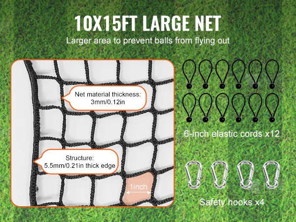 VEVOR golf oefennet; 10x15ft, 3mm materiaal, 1inch mazen, 5,5mm rand, inclusief 12 elastische koorden en 4 haken.