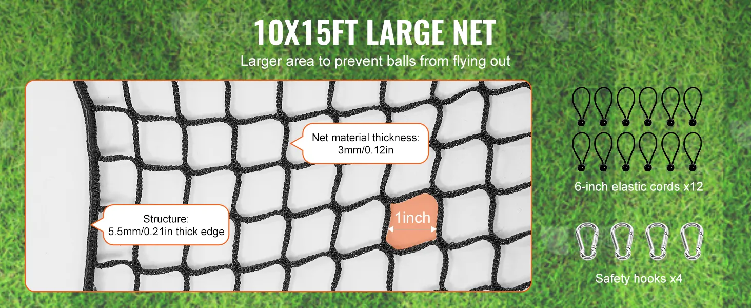 VEVOR golf oefennet; 10x15ft, 3mm materiaal, 1inch mazen, 5,5mm rand, inclusief 12 elastische koorden en 4 haken.