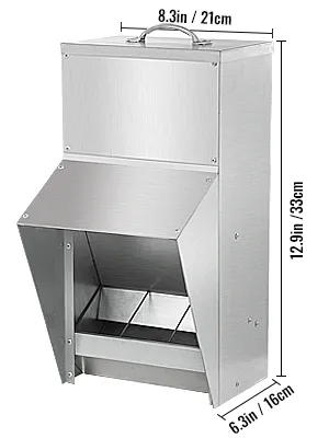 Karmnik dla kurczaków VEVOR ze stali nierdzewnej o wymiarach: 8,3x6,3x12,9 cala.