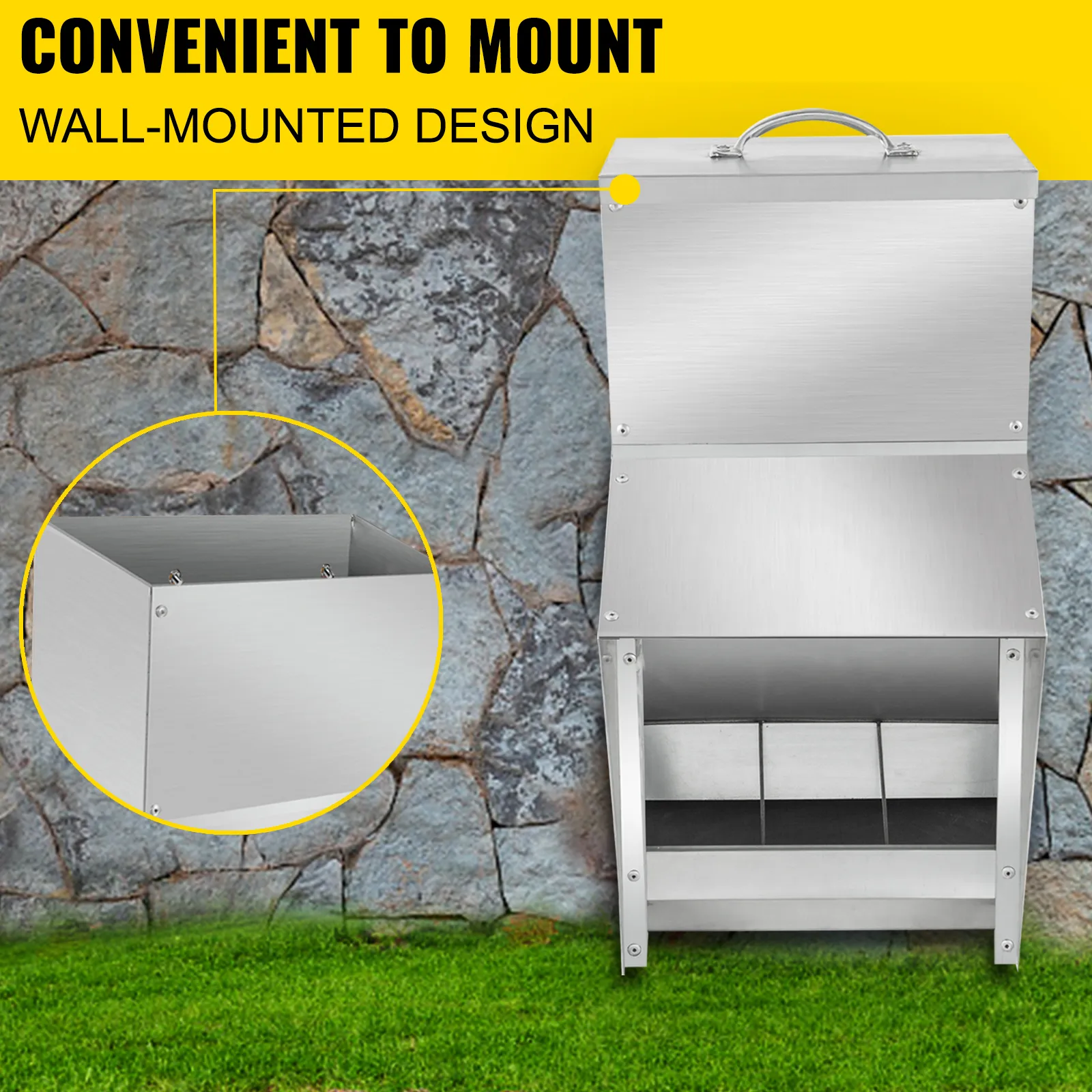 Karmnik dla kurczaków VEVOR, montowany na ścianie, na kamiennym tle.